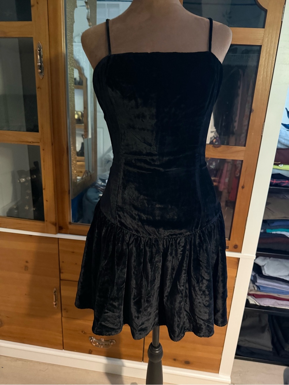 Maeve Black Velvet Mini Dress with Spaghetti Straps